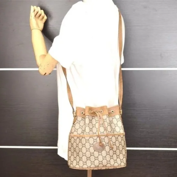 Authentic GUCCI Vintage GG Plus Shoulder Cross Drawstring Bag Beige/Brown - Picture 8 of 16